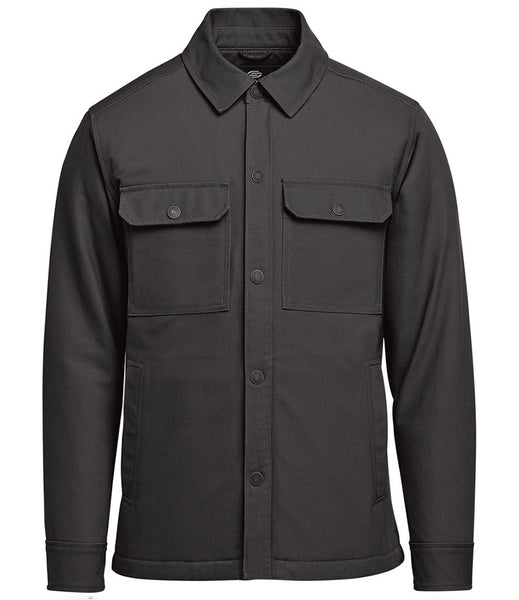 A dark charcoal gray utility shirt jacket with a pointed collar, button-down front, and two buttoned chest flap pockets, shown on a plain white background.