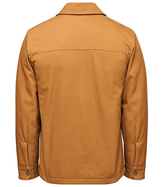 A tan utility jacket shown from the back, featuring a collar, long sleeves, and buttoned cuffs, photographed against a solid white background.