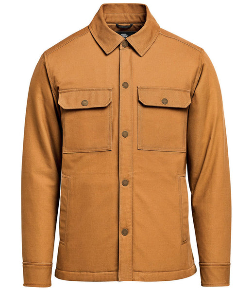 A men's tan utility overshirt jacket with a pointed collar, button-down front, and two buttoned chest flap pockets, shown on a plain white background.