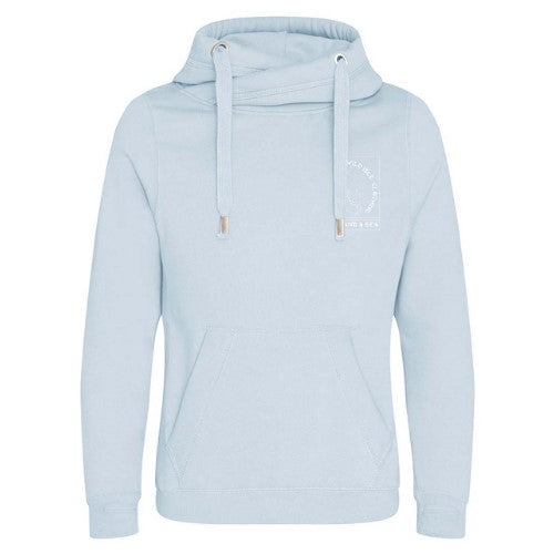 The wild isle clothing light blue hoodie with a hood, long sleeves, thumb holes on the cuffs, and a front pocket, featuring a white logo on the upper front.