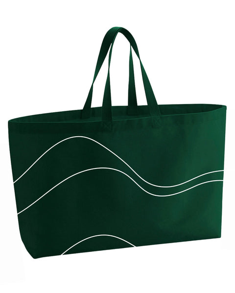 A dark green tote bag with two top handles and a white topography line pattern sewn on the front, shown against a plain white background.