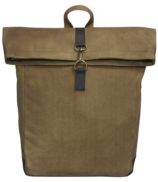 A wild isle sand canvas backpack with a roll-top flap, dark brown leather strap, and brass-tone hardware, shown against a plain white background.