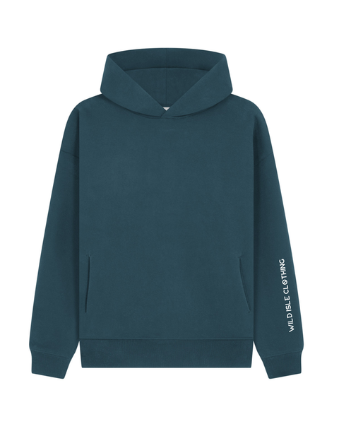 Teal hoodie with 'Wild Isle Clothing' logo on sleeve against a white background