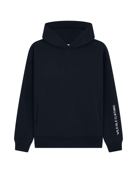 The Navy Wild Isle Campfire and Cosy Hoodie with logo on the sleeve.
