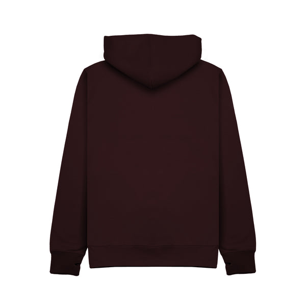 A dark burgundy hoodie shown from the back, displayed on a clean white background.