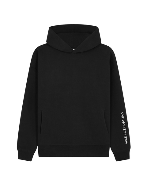 Black hoodie with wild isle clothing logo on sleeve against a white background