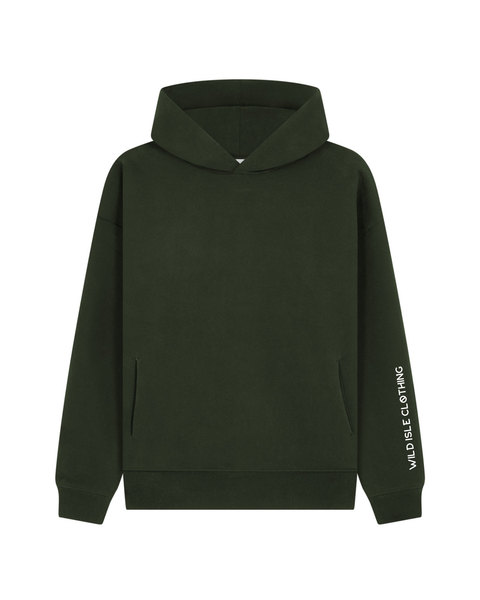 The Forest Green Wild Isle Campfire and cosy hoodie with the logo on the sleeve