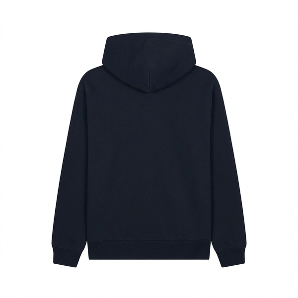 A dark navy blue pullover hoodie shown from the back, photographed against a solid white background.