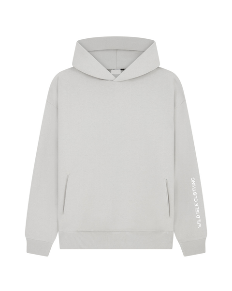 The wild isle campfire and cosy hoodie in stormy loch light grey with logo on the sleeve