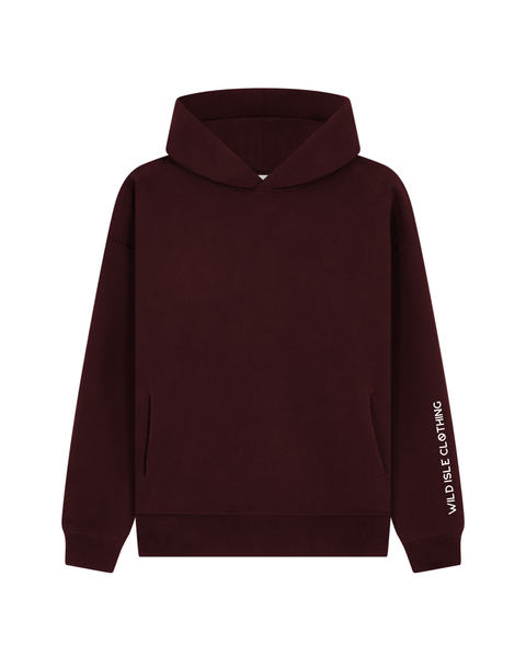 Maroon hoodie with 'Wildable Clothing' branding on sleeve against a white background
