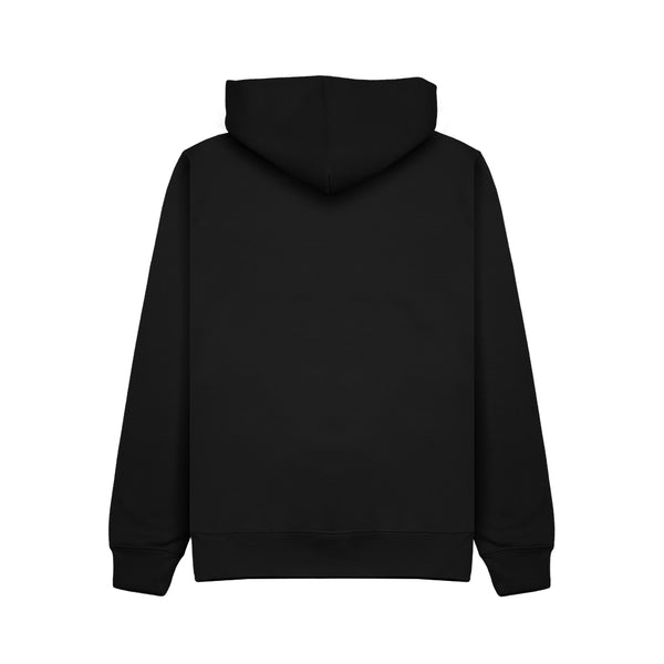 The back view of the wild isle campfire and clothing hoodie on a white background