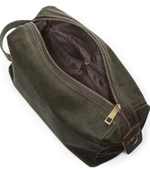 Wild Isle Waxed Canvas Wash Bag zip opening showing internal zip pocket 