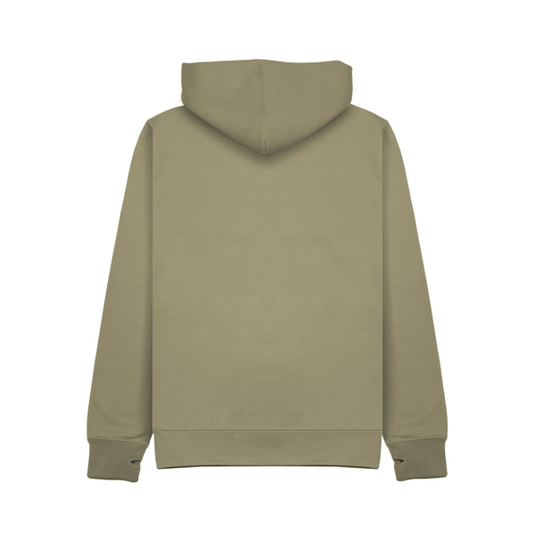 A plain hooded sweatshirt shown from the back, in a muted sage green color, on a solid white background.