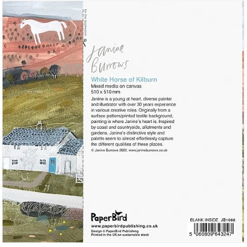 Back cover of a Paper Bird art print or book titled 'White Horse of Kilburn' by Jane Burrows, featuring a vertical watercolor-style illustration with a white horse on a pink and green landscape and product text on the right side.