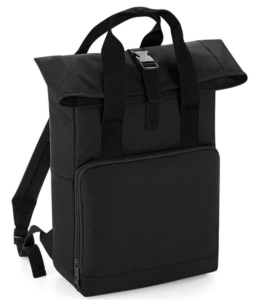 Black backpack with a roll-top design on a white background