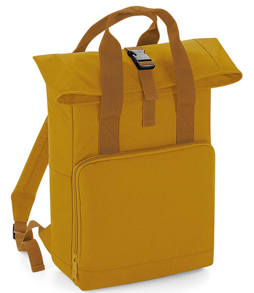 Mustard backpack with carry straps on a white background