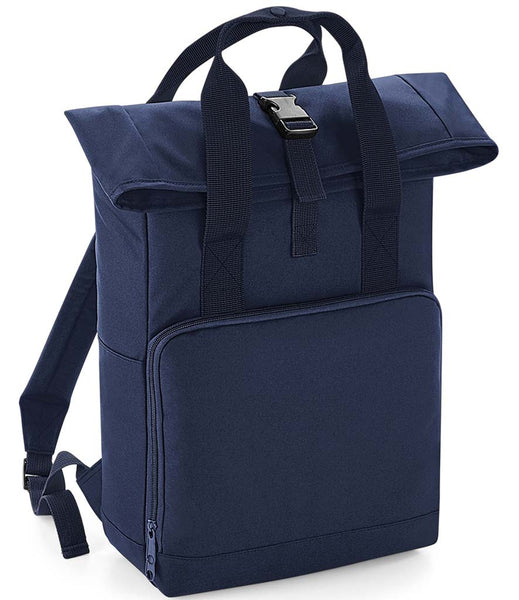 Navy blue backpack with a roll-top design on a white background