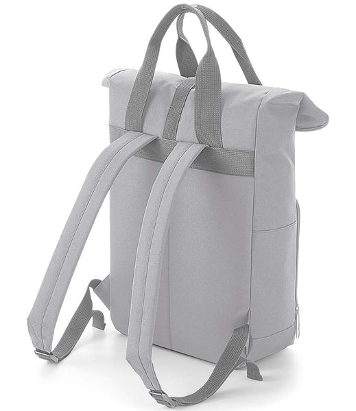 Grey backpack with rolled top design on a white background