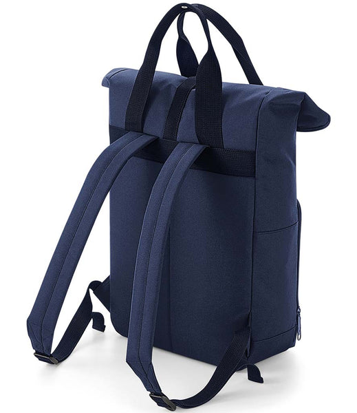 Navy blue backpack with carry handle and back straps on a white background