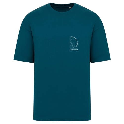 Teal Wild Isle Terry t-shirt with a small logo on the chest against a white background