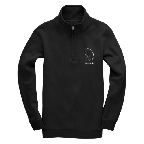 Black quarter-zip sweatshirt with a logo on the chest against a white background