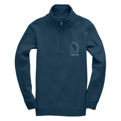 Deep Sea blue quarter zip sweatshirt with the wild isle clothing logo on the chest against a white background