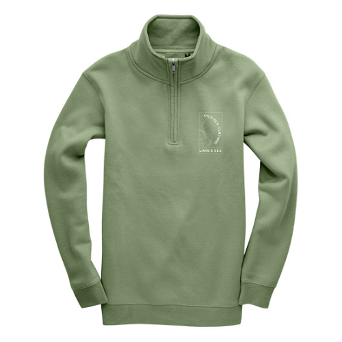 Light green quarter zip sweatshirt with a logo on a white background