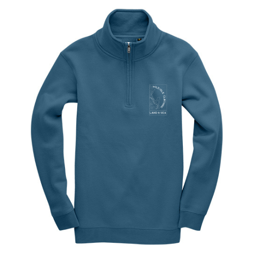 Blue quarter zip pullover sweatshirt with the wild isle logo on the chest against a white background