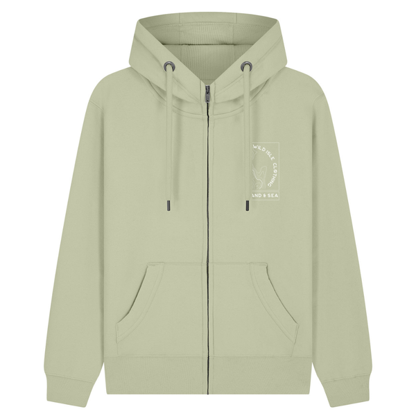 Light green wild isle surf zip hoodie with a logo on the chest against a white background