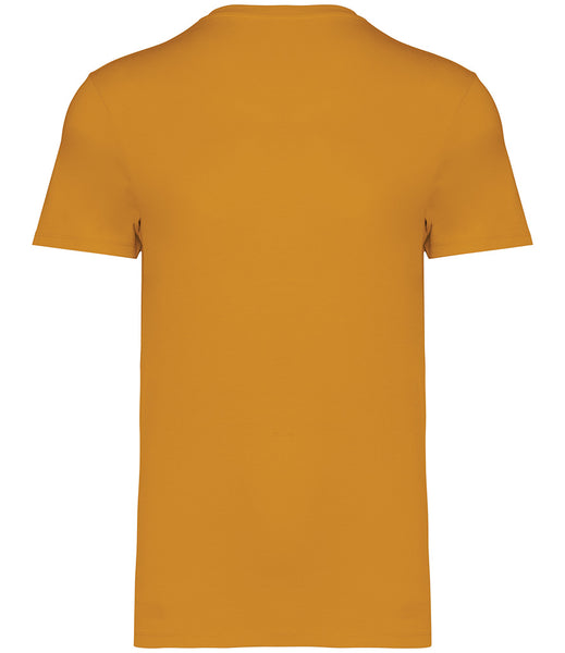 A solid mustard yellow short-sleeve crewneck wild isle t-shirt shown from the back, on a white background.