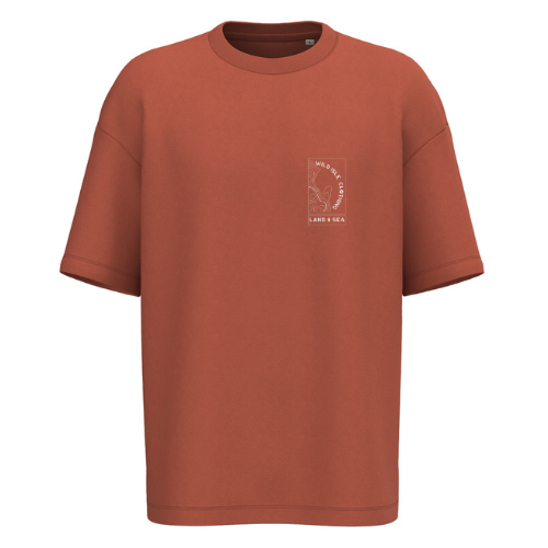 The Terracotta Wild Isle Terry T-shirt with logo on left side. On a white background.