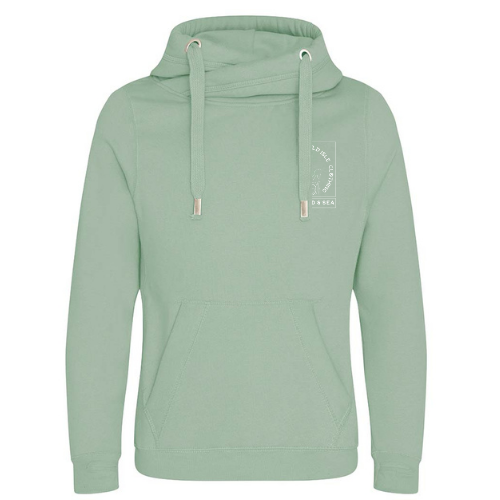 A green wild isle clothing hooded sweatshirt with a drawstring hood, featuring a logo on the front and a deep front pocket. Thumbholes on the cuffs.