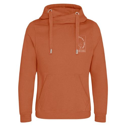 The Copper beech, burnt orange colour wild isle hoodie with logo and thumb holes on the sleeves.