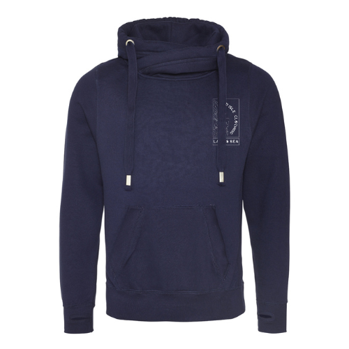 A wild isle hoodie in navy with cross neck, logo on left chest, deep pocket and thumb holes on the cuffs