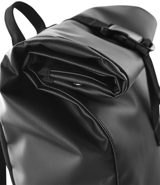 Black backpack with a roll-top design on a white background