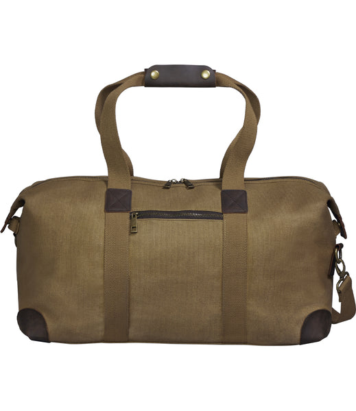 Side view of the wild isle waxed canvas cabin bag showing carry handle and side zip compartment 