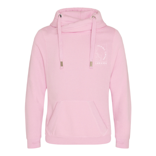 the wild isle pink blossom hoodie with cross neck, logo on left chest, deep pocket, thumb holes on the cuffs