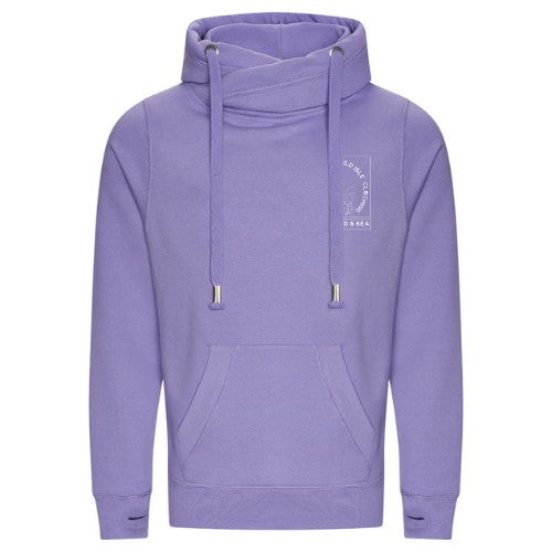 The wild isle hood in lilac with cross neck, logo on left chest, deep pocket, thumbholes in the cuffs