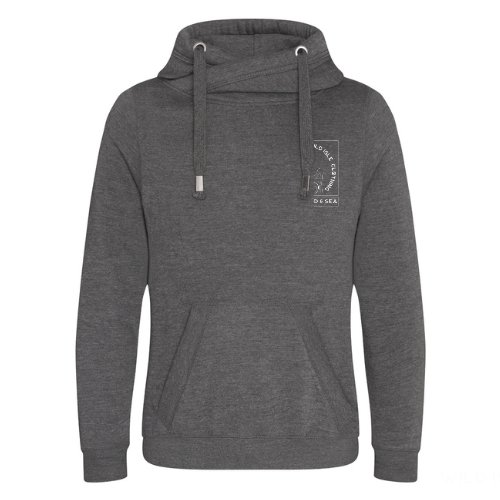 The wild isle hoodie in rock grey, cross neck, logo on the left chest, deep pocket, thumb holes on the cuffs