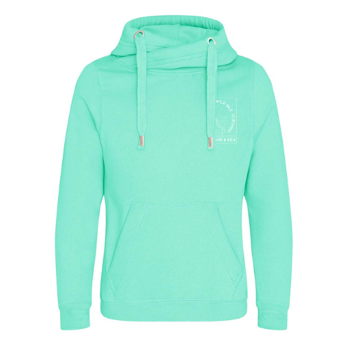 The wild isle hoodie in turquoise with cross neck, logo on left chest, deep pocket, thumb holes on the cuffs