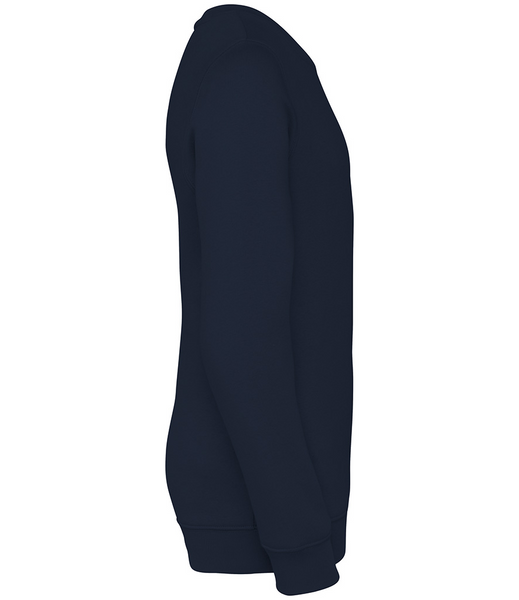 The side view of the navy wildling crew jumper on a white background 