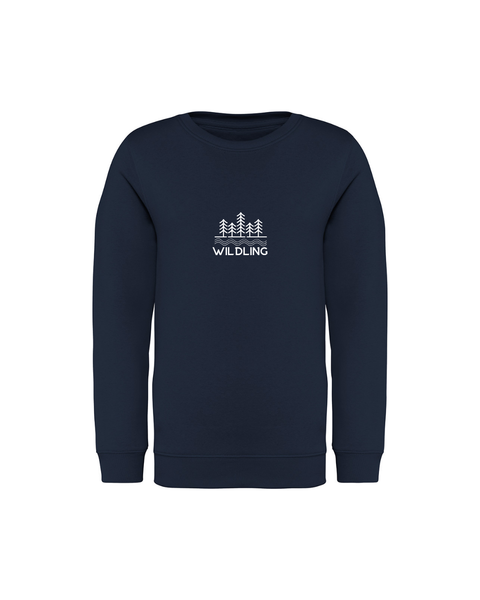 A navy crew  sweater with Wildling print on a white background