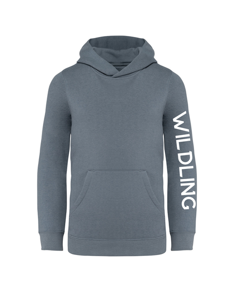 Kids mineral grey hoodie with Wildling printed on the arm