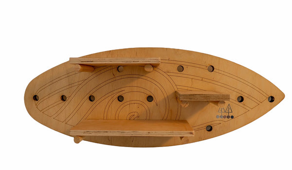 Surf Board Peg Board with Wave Design, including shelves and pegs 